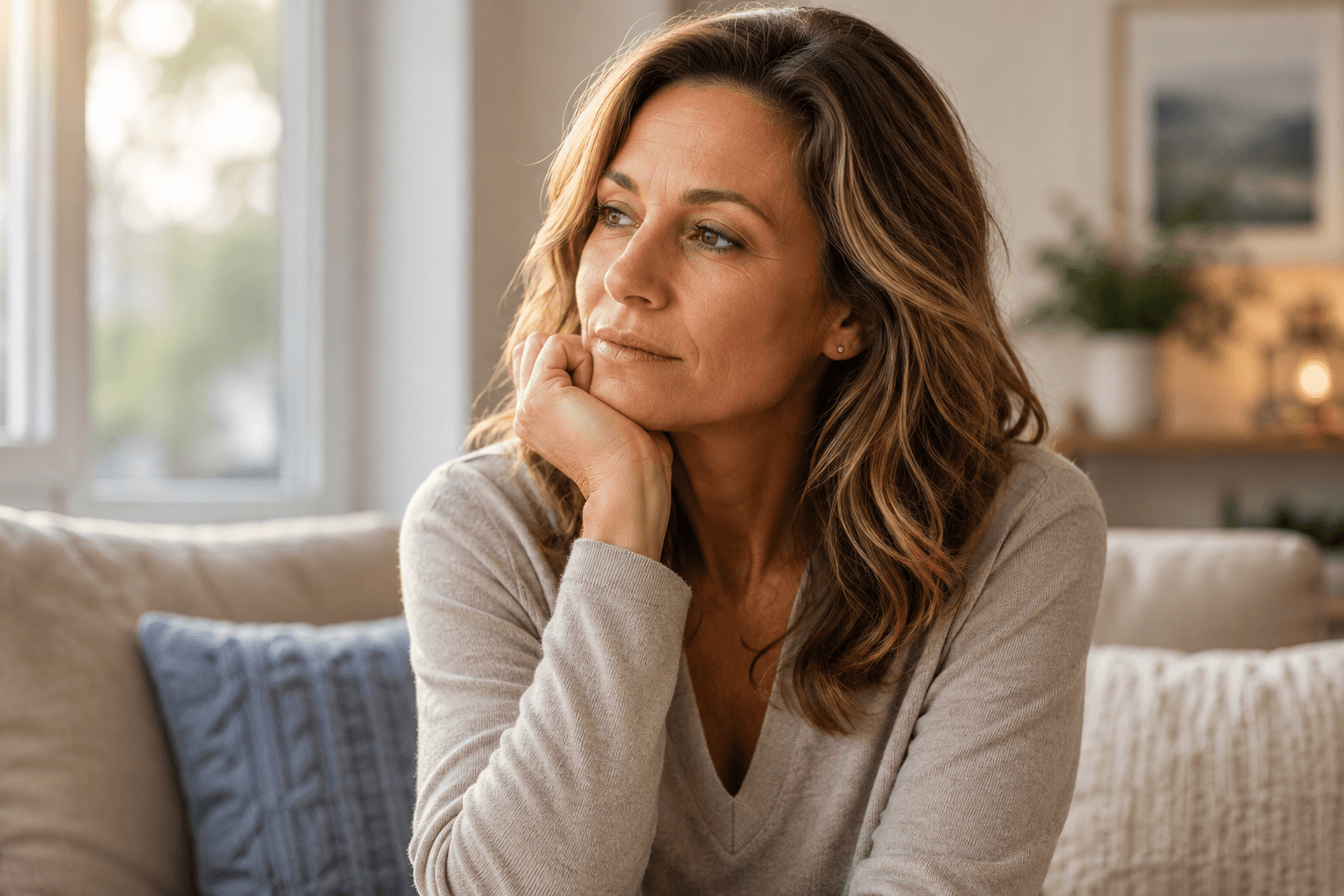 Woman over 40 reflecting on low energy and hormonal changes